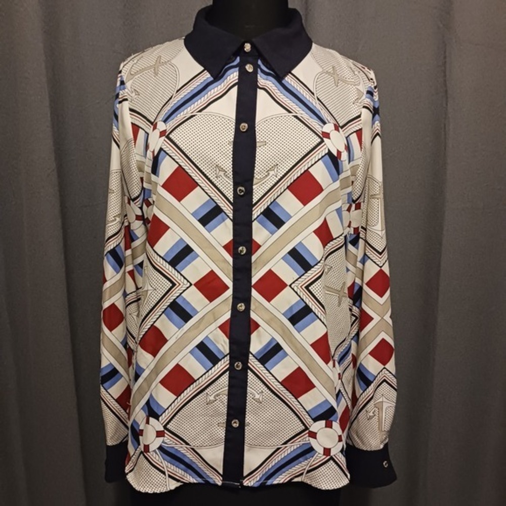Tommy Hilfiger Nautical Anchor Print Shirt Long Sleeve Collared Top M